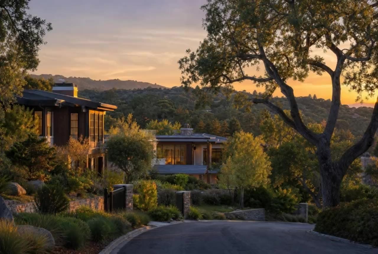 Upscale Silicon Valley foothill street at golden hour