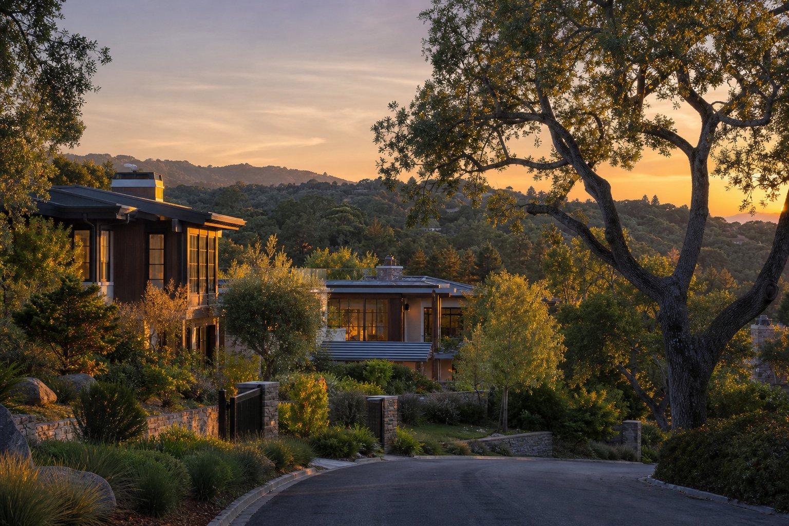 Upscale Silicon Valley foothill street at golden hour